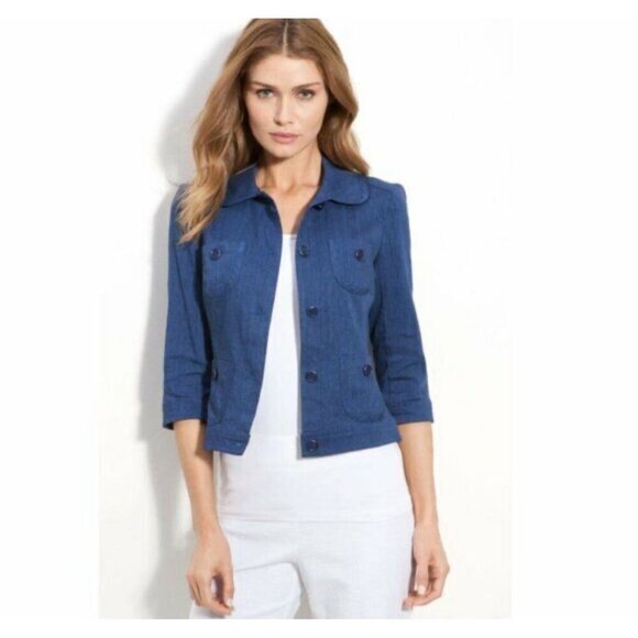Trina Turk Blazer Jacket Linen Cotton Blend Blue 3/4 Sleeve Women Size 6 Classic - Picture 2 of 11